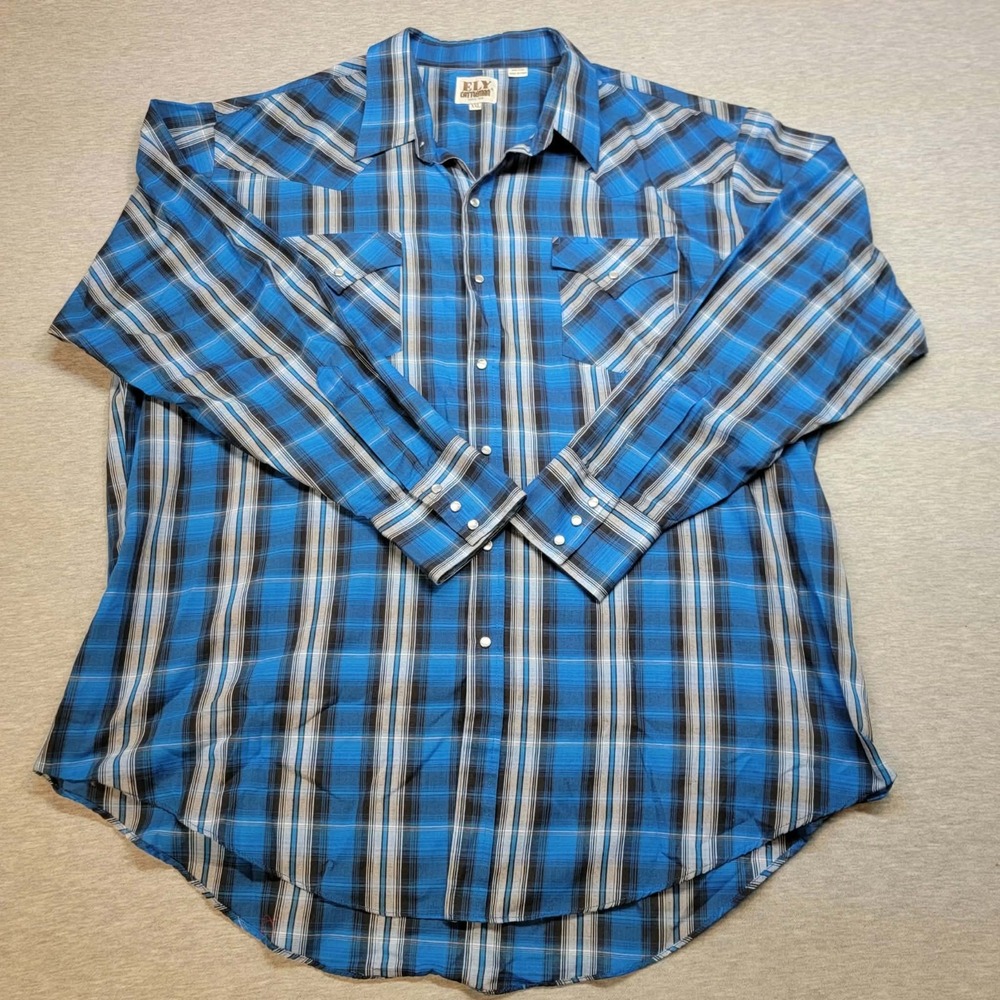 Ely Cattleman Western Shirt Men XXL Blue/Gray Plaid Pearl Snap Wrinkle Resistant